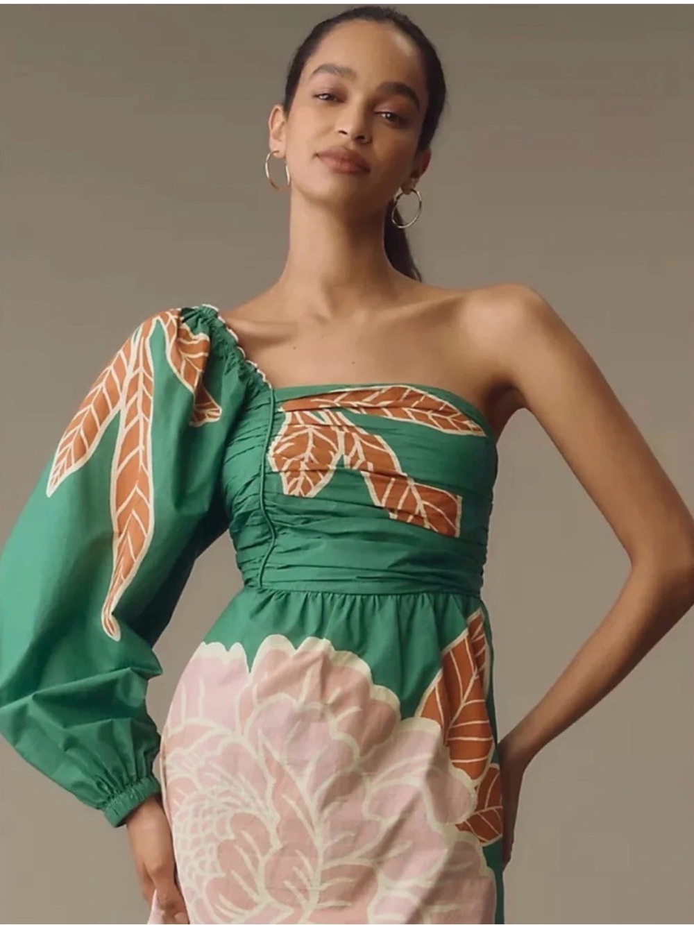 FARM Rio Green One-Shoulder Floral Maxi Dress with Pink & Brown Motif